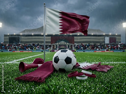 Qatar flag and soccer ball on stadium field during rain