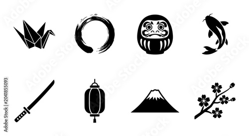Japanese Icons Collection: Origami Crane, Zen Circle, Daruma Doll, Koi Fish, Samurai Sword, Lantern, Mt. Fuji, Cherry Blossom Vector Set