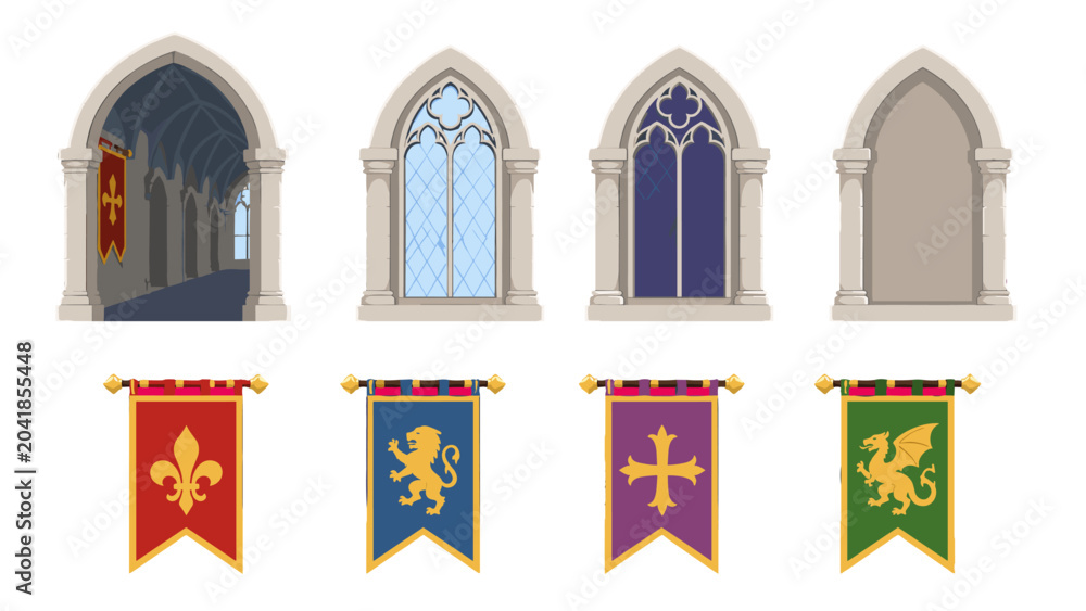 Naklejka premium Medieval castle windows arches and heraldic banners set