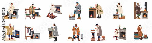 Foto Collection of diverse people in warm winter coats relaxing and staying cozy by fireplaces and wood stoves in flat illustration style