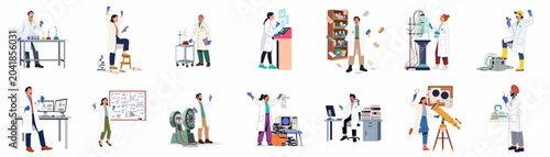 Diverse set of enthusiastic male and female scientists celebrating breakthroughs, successful experiments, and discoveries in various laboratory environments and research fields.