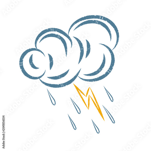 Hand drawn doodle cloud with rain and lightning. Charcoal pencil drawing stylized weather icon. Vector chalk graphic sky element