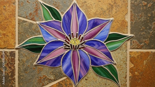 Decorative mosaic tile flower on a stone wall.