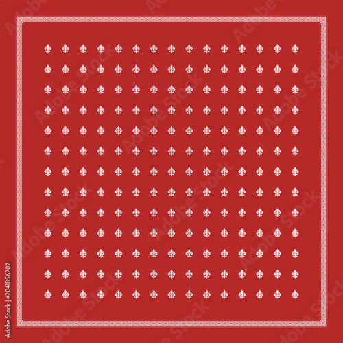 Vintage red bandana pattern featuring elegant fleur-de-lis ornamental motifs with classic border details. Timeless textile design with retro aesthetic, perfect for fashion prints, fabric backgrounds, 