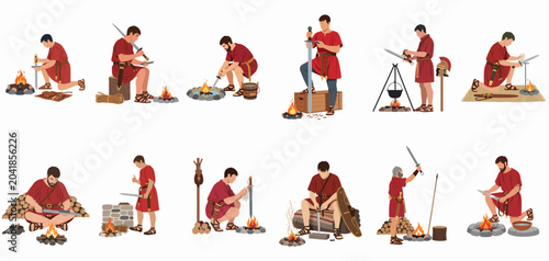 фотографія Set of Ancient Roman Soldiers Performing Camp Duties and Weapon Maintenance Arou