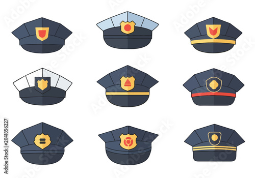 Collection of various police officer hat designs with badges and insignia