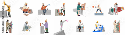 Foto Set of young female graffiti artists in various poses painting urban street art on concrete barriers and walls, flat vector illustration