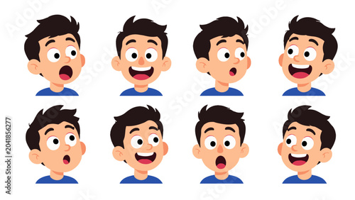 Bild auf Leinwand Set of cartoon boy faces with surprised and happy expressions