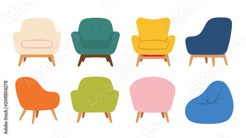Fotografia Set of colorful modern armchairs and bean bag vector icons