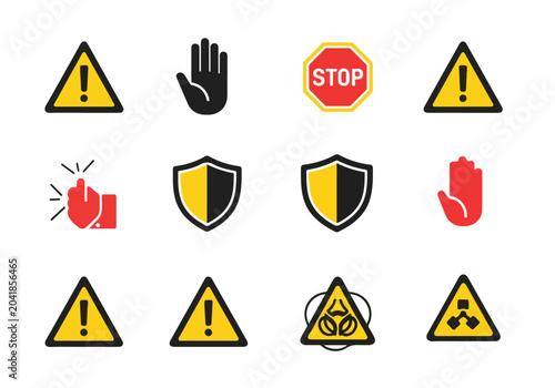Collection of warning signs and symbols for safety and caution
