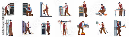 Fotografi Professional IT support technicians installing, maintaining, and repairing network servers and equipment in various scenarios, set of flat vector illustrations