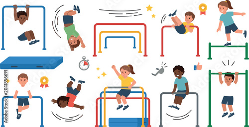 Bild auf Leinwand Kids Gymnastics and Physical Education Vector Set Featuring Children Exercising