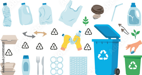 Tableau sur toile Plastic Waste Sorting and Recycling Code Vector Set Featuring Inflatable Bottles