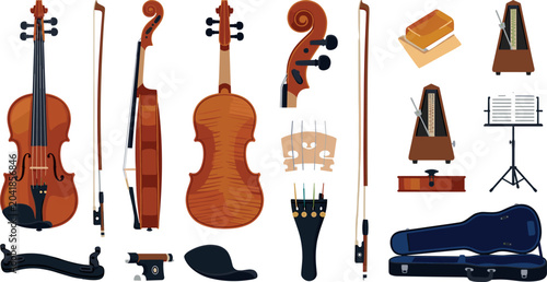 Foto Classical Violin and String Instrument Accessories Vector Set Featuring Bow, Har