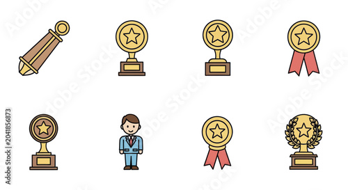 Award achievement icons and medals set for success, excellence, recognition, reward, victory, prize, accomplishment, celebration, badge, recognition, trophy, champion, winner, accolade, honor