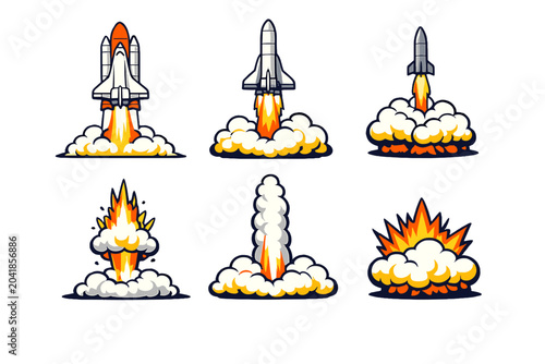 Foto Rocket launch and explosion icon set in cartoon vector style