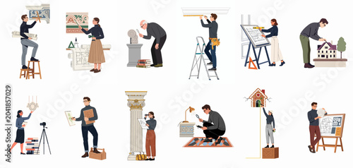 Photos Professional architects and restoration experts working on historical building conservation, architectural design, and heritage preservation projects in a flat illustration style