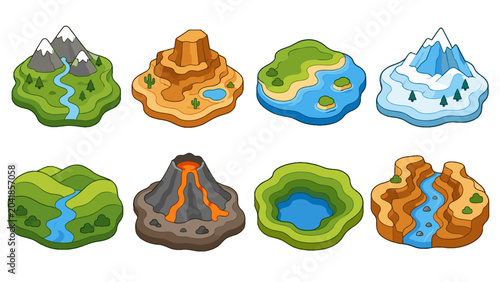 Foto Set of isometric landscape terrain icons with varied landforms