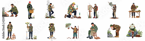 Εκτύπωση καμβά Vector illustration set of diverse people foraging for wild mushrooms, berries, and medicinal plants in the forest, featuring camouflage gear and outdoor equipment