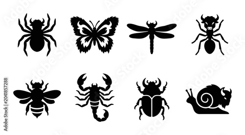 Foto Insect Icons Set, Vector Graphics of Wildlife Creatures, Silhouette Animals Coll