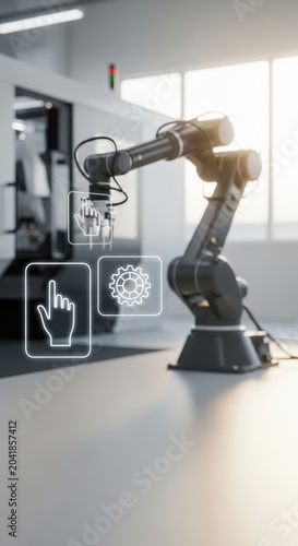 Conceptual Human Robot Collaboration and Smart Manufacturing with Floating AR Hand and Gear Icons over Blurred Factory Background with Copy Space
