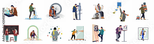Collection of flat vector illustrations depicting scientists and engineers working on quantum computing, artificial intelligence, data analysis, and advanced technology concepts.