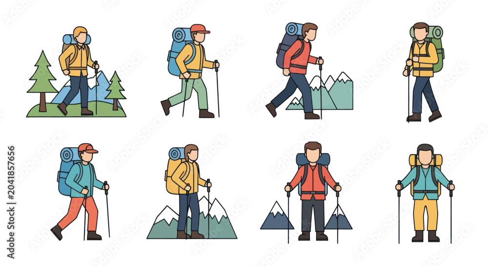 Fototapeta premium Group of hikers with backpacks trekking through mountains and forest, adventure travel outdoor activity and exploration, camping equipment, nature scenery, trekking route