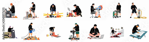 Quadro su tela Diverse set of illustrations showing professional technicians and special effects crew members performing specialized tasks in movie production and technical set design