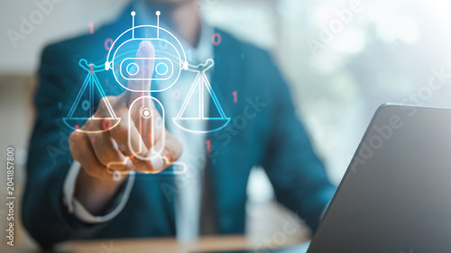 Photos Business professional interacting with an AI ethics interface featuring balanced scales, symbolizing responsible artificial intelligence, fairness, transparency, governance, compliance