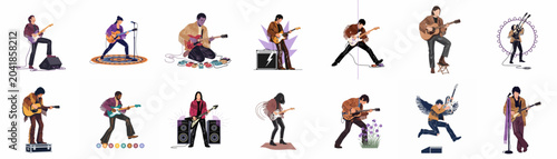 Fotografía A collection of diverse musicians wearing fringed jackets while playing electric and acoustic guitars in various dynamic poses, illustrated in a flat vector style
