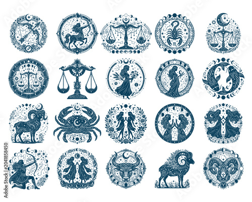 Vintage Zodiac Signs and Astrology Symbols Collection Line Art Vector Set