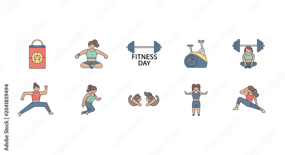 Fototapeta premium Fitness Day Illustration with Women Exercising and Weights for Healthy Lifestyle and Workout Motivation