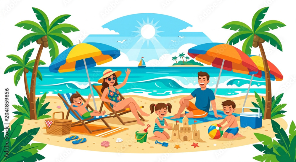 Obraz premium Beach vacation, family fun, summer illustration, tropical getaway, vector