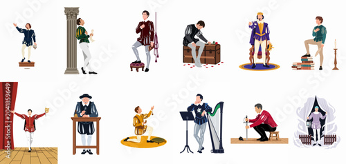 Photography Vector illustrations set of theatrical male characters in Renaissance and Shakespearean costumes, depicting various scenes and emotions for drama and literature themes