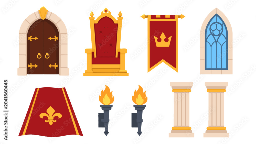 Naklejka premium Medieval castle interior elements set with throne and banner