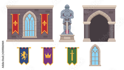 Medieval castle elements set with banners, archway, knight and window