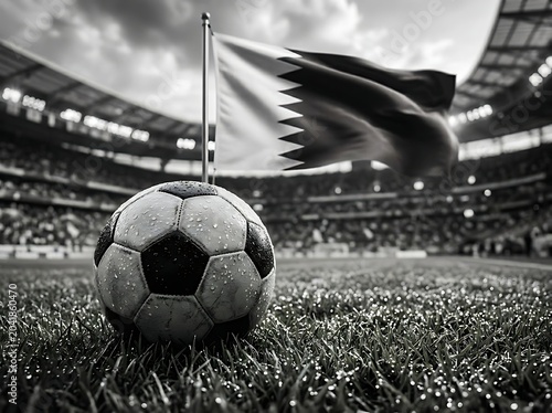A black and white closeup of a soccer ball on a wet grass field with the qatar flag waving in the background inside a large stadium