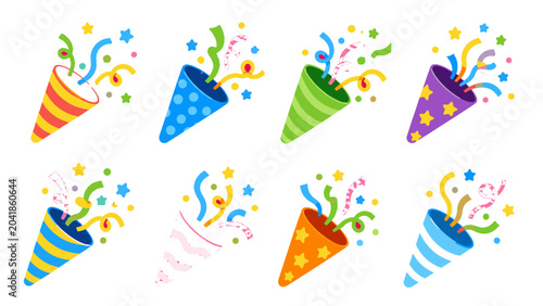 Foto Colorful party popper set with confetti and streamers
