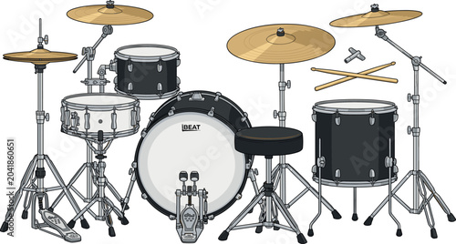 Foto Professional Drum Kit Illustration with Cymbals, Bass Drum, Snare, Drumsticks, a