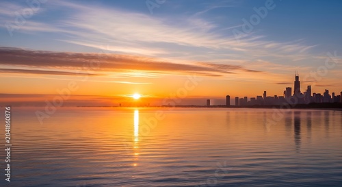 Golden Sunrise Reflecting on Calm Lake Beside Distant City Skyline