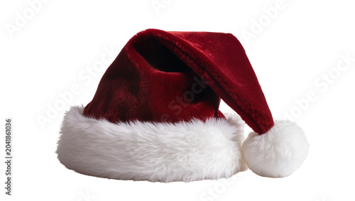 Red velvet Santa hat with white fur trim and pompom
