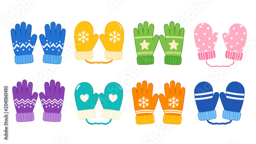 Bild auf Leinwand Colorful winter gloves and mittens set on white background