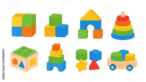 Tableau sur toile Colorful wooden toy blocks and shape sorter vector set