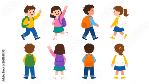 Bild auf Leinwand Cartoon school children with backpacks in front side and back views