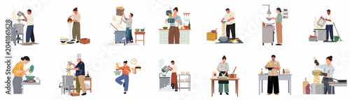 Photos Flat vector illustration set of diverse people cooking, boiling, and straining pasta in various professional and home kitchen environments