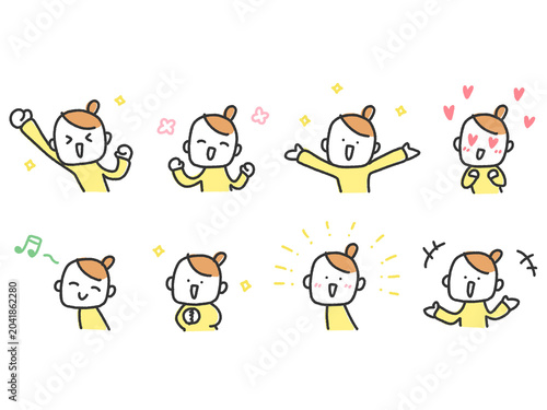 手描きのかわいい女性の喜ぶ表情とリアクションセット（楽しい・嬉しい・感動・好き）