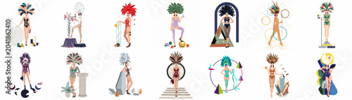 Photos Collection of flat illustrations featuring glamorous women in cabaret costumes with elaborate feather headdresses and artistic geometric backgrounds