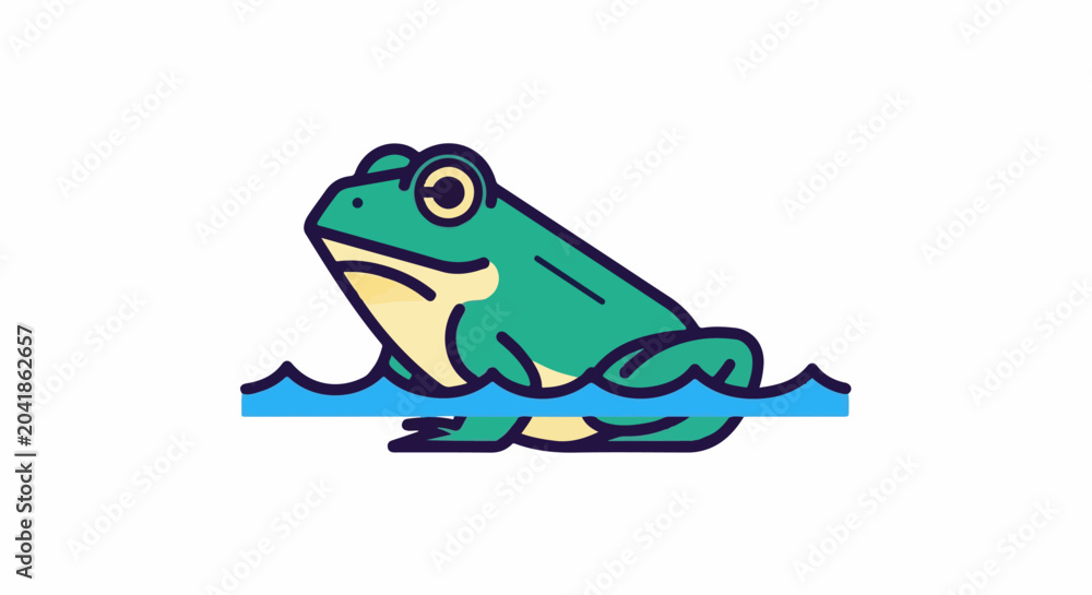 Fototapeta premium A stylized green frog sits in blue water with a white background