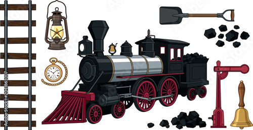Photos Vintage Steam Train Illustration Set with Railway Tracks, Lantern, Coal, Shovel,