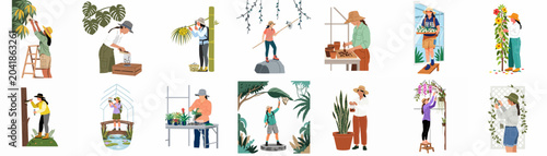 Photos Set of flat illustrations featuring women entomologists and botanists researching insects and plants in diverse indoor and outdoor settings